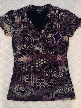 AB Studio Purple Paisley Empire Waist Short Sleeve Top